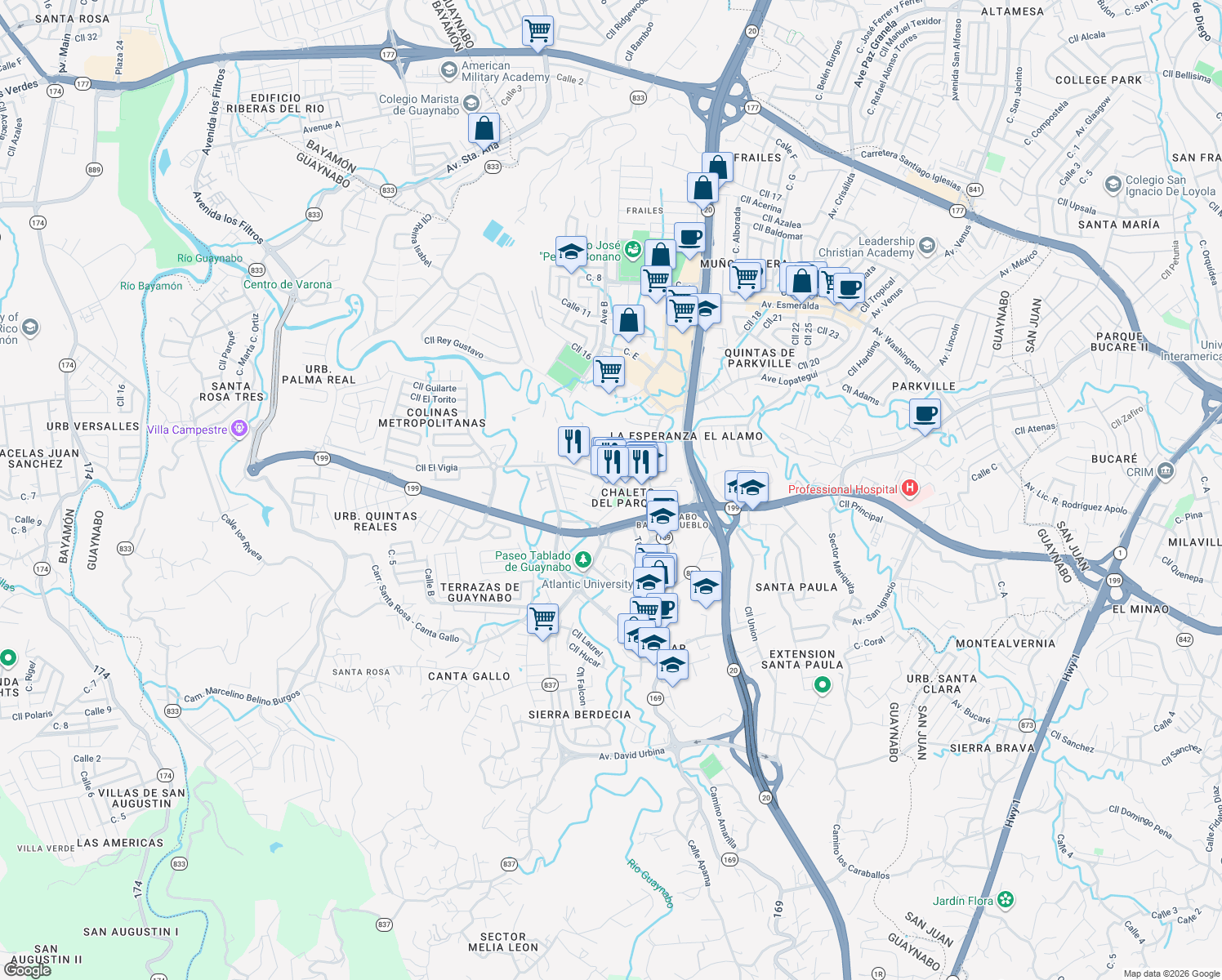 map of restaurants, bars, coffee shops, grocery stores, and more near Avenida Albolote in Guaynabo