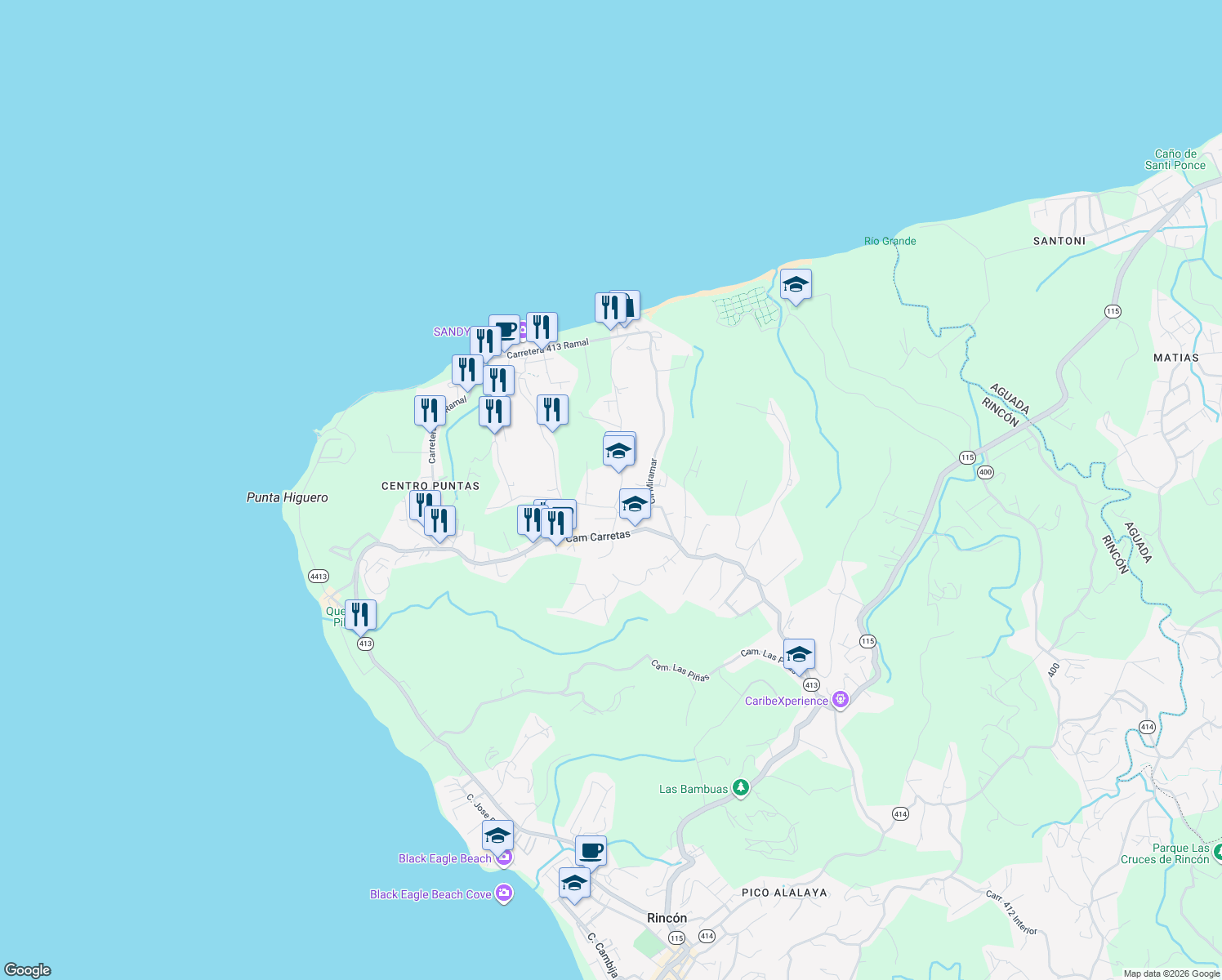 map of restaurants, bars, coffee shops, grocery stores, and more near Calle Miramar in Aguada