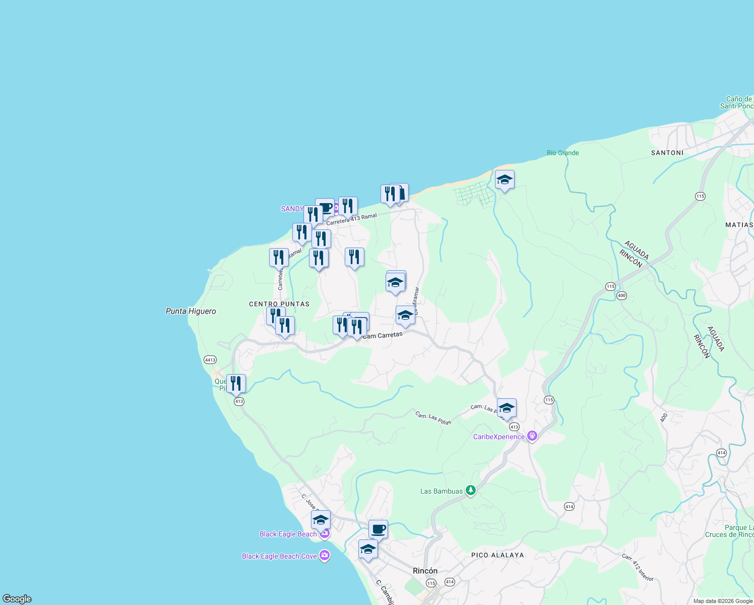 map of restaurants, bars, coffee shops, grocery stores, and more near Calle Vista Del Mar in Puntas