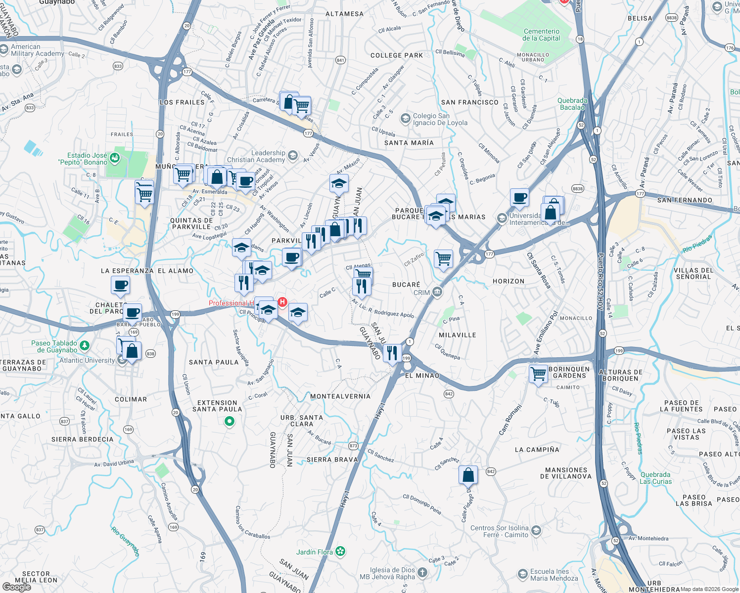 map of restaurants, bars, coffee shops, grocery stores, and more near 60 Calle Esparta in Guaynabo