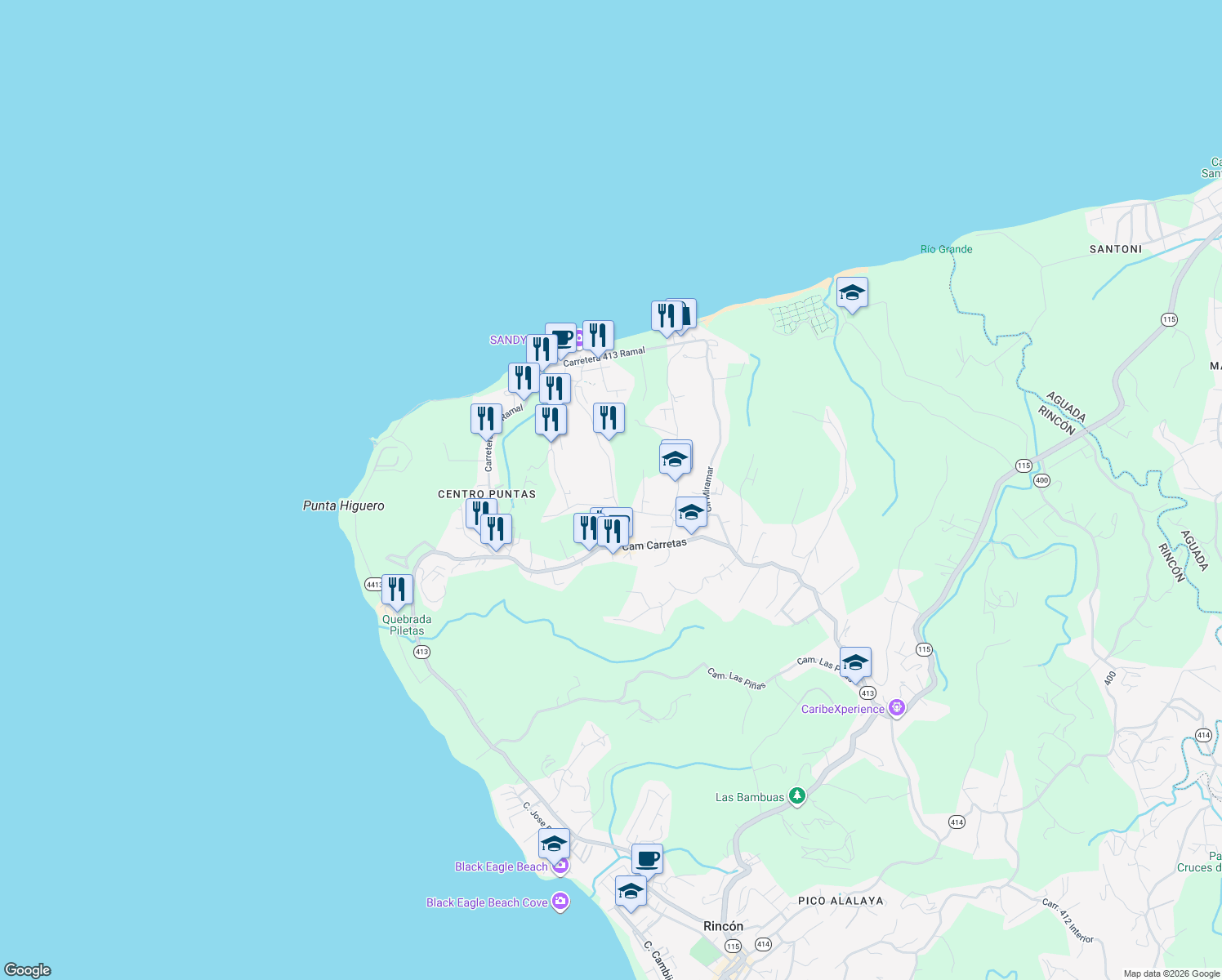map of restaurants, bars, coffee shops, grocery stores, and more near Calle Vista Del Mar in Puntas