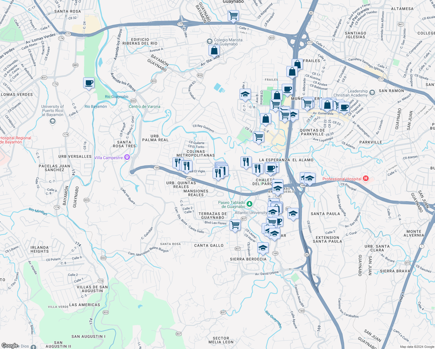 map of restaurants, bars, coffee shops, grocery stores, and more near in Guaynabo