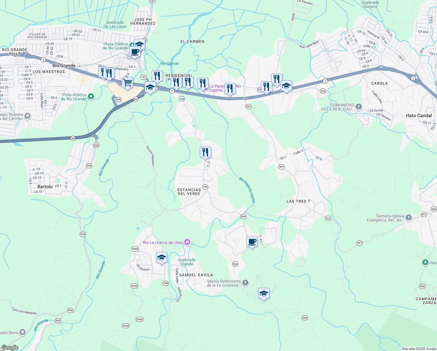 map of restaurants, bars, coffee shops, grocery stores, and more near Calle 3 in Rio Grande