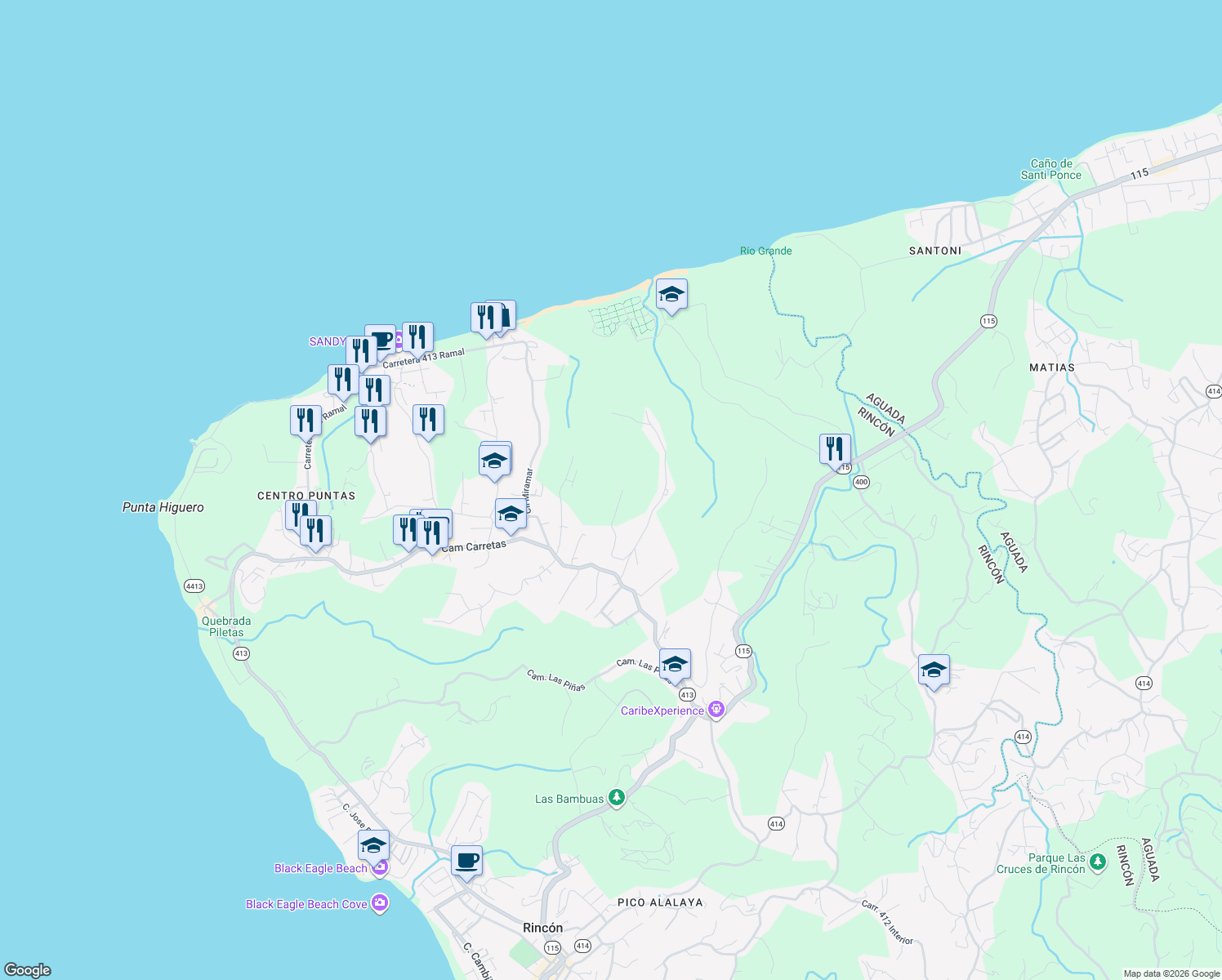 map of restaurants, bars, coffee shops, grocery stores, and more near Sec Cuchillo Piña in Aguada