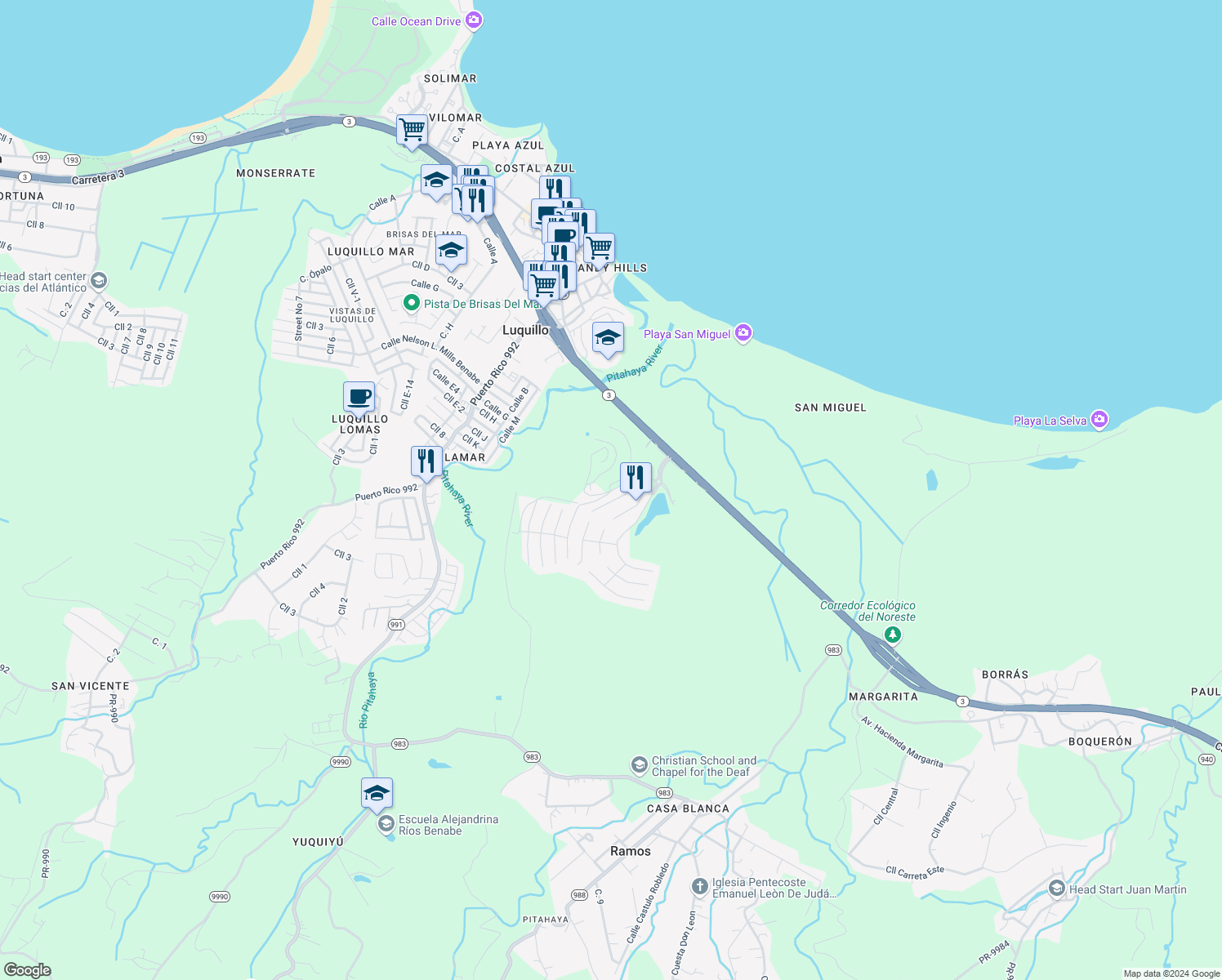 map of restaurants, bars, coffee shops, grocery stores, and more near Camino Del Monte in Luquillo