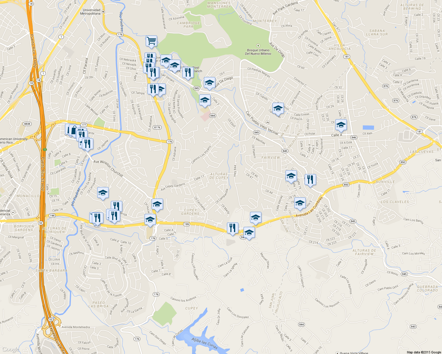 map of restaurants, bars, coffee shops, grocery stores, and more near Calle Gallegos in San Juan
