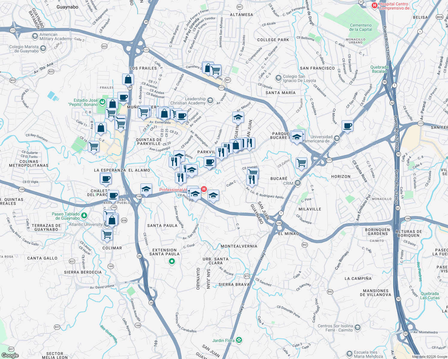 map of restaurants, bars, coffee shops, grocery stores, and more near Calle D in Guaynabo