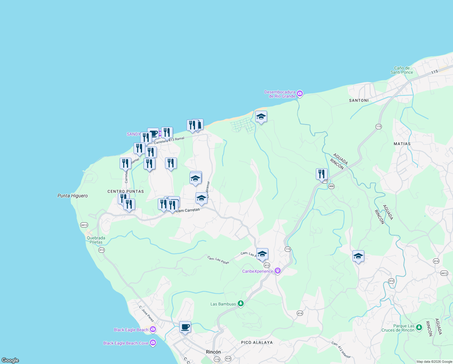 map of restaurants, bars, coffee shops, grocery stores, and more near Calle Miramar in Aguada