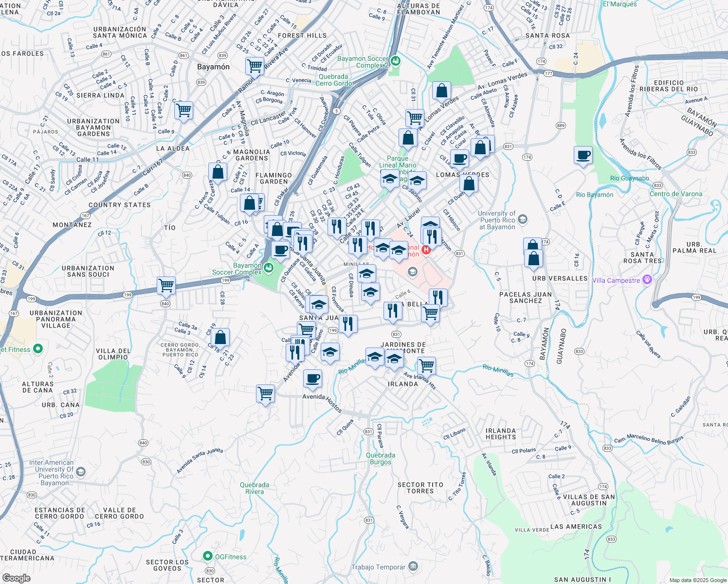 map of restaurants, bars, coffee shops, grocery stores, and more near Calle Bernardino in Bayamón