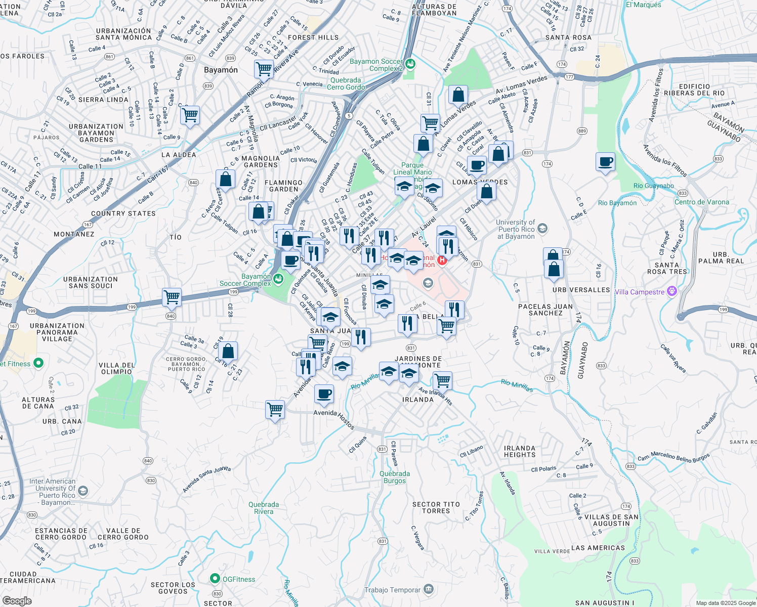map of restaurants, bars, coffee shops, grocery stores, and more near Calle Bernardino in Bayamón