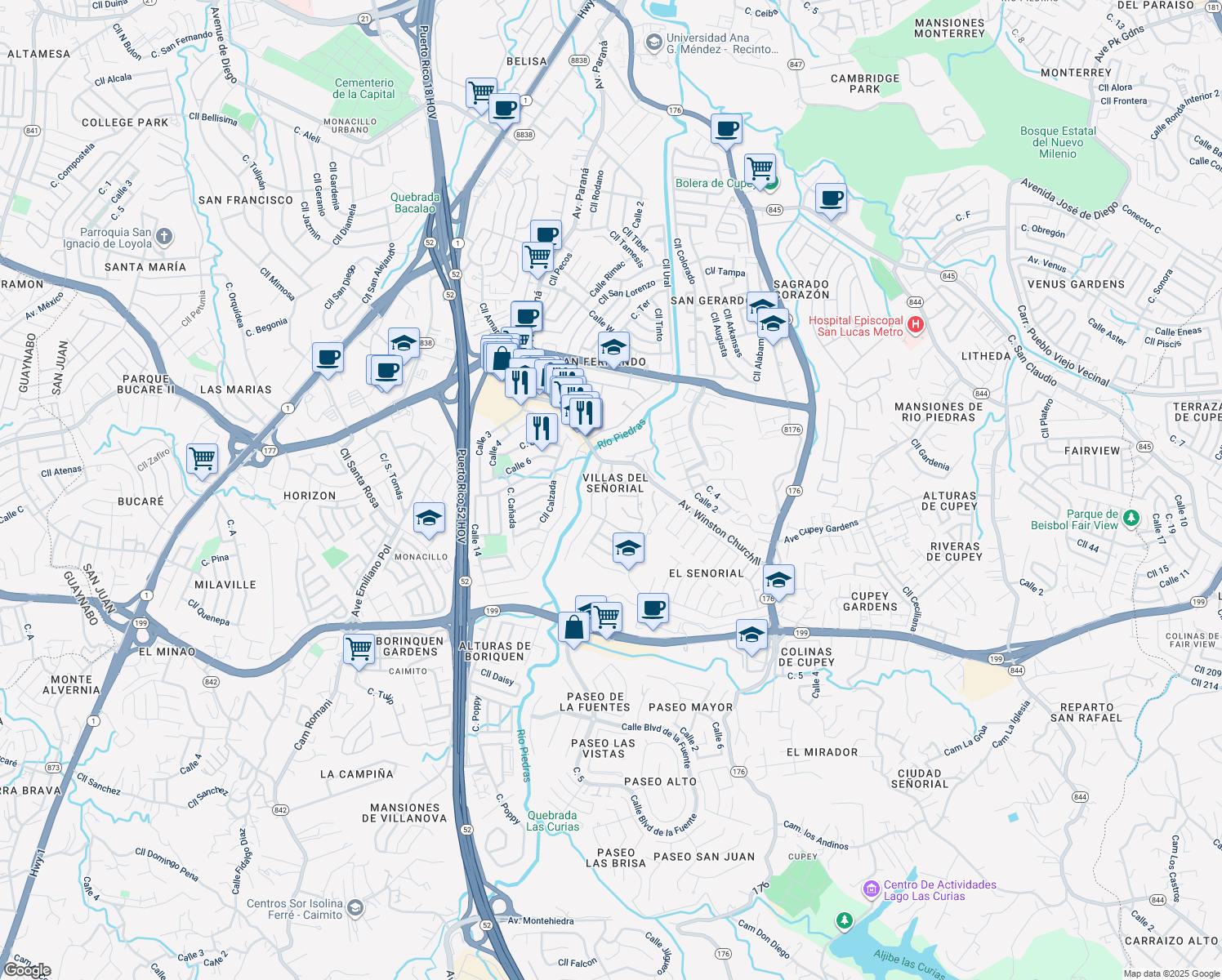 map of restaurants, bars, coffee shops, grocery stores, and more near Calle Jose Zorrilla in San Juan