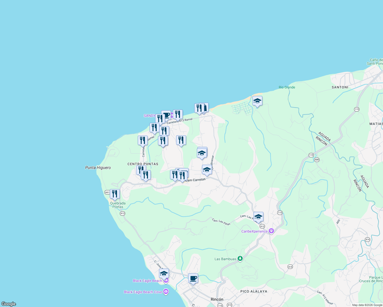 map of restaurants, bars, coffee shops, grocery stores, and more near Csn A in Aguada