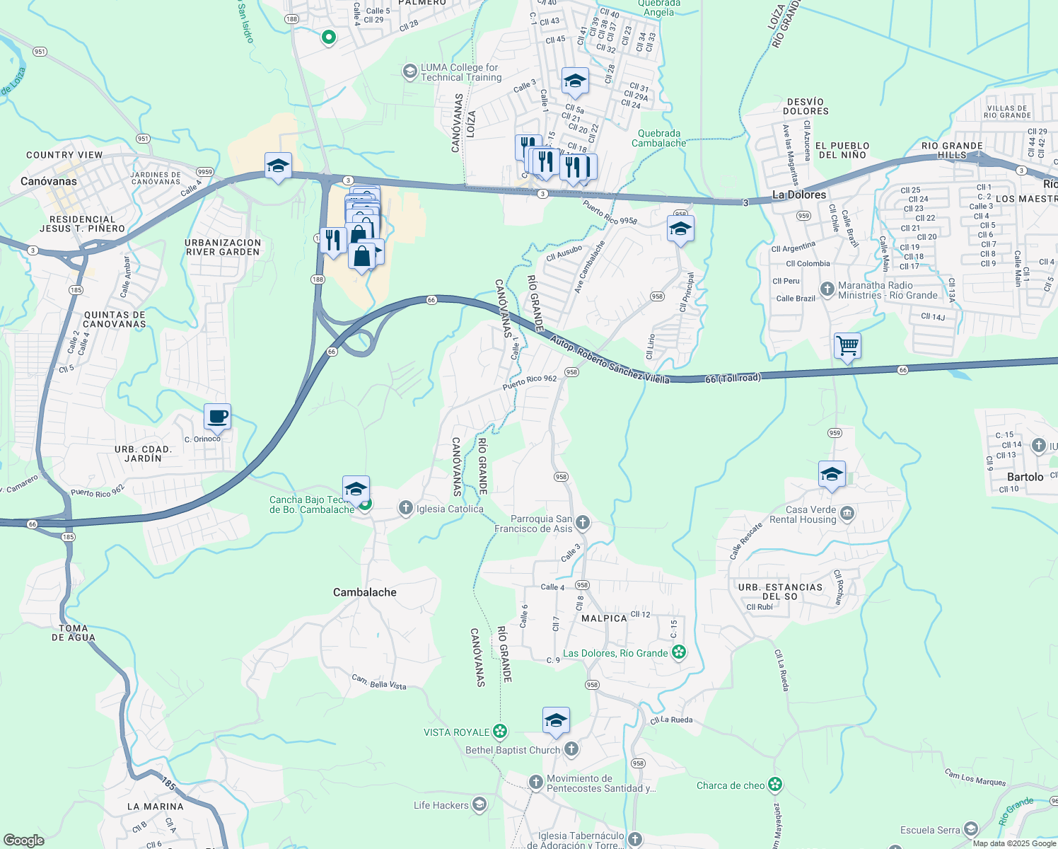 map of restaurants, bars, coffee shops, grocery stores, and more near Camino Monte Flores in Canóvanas