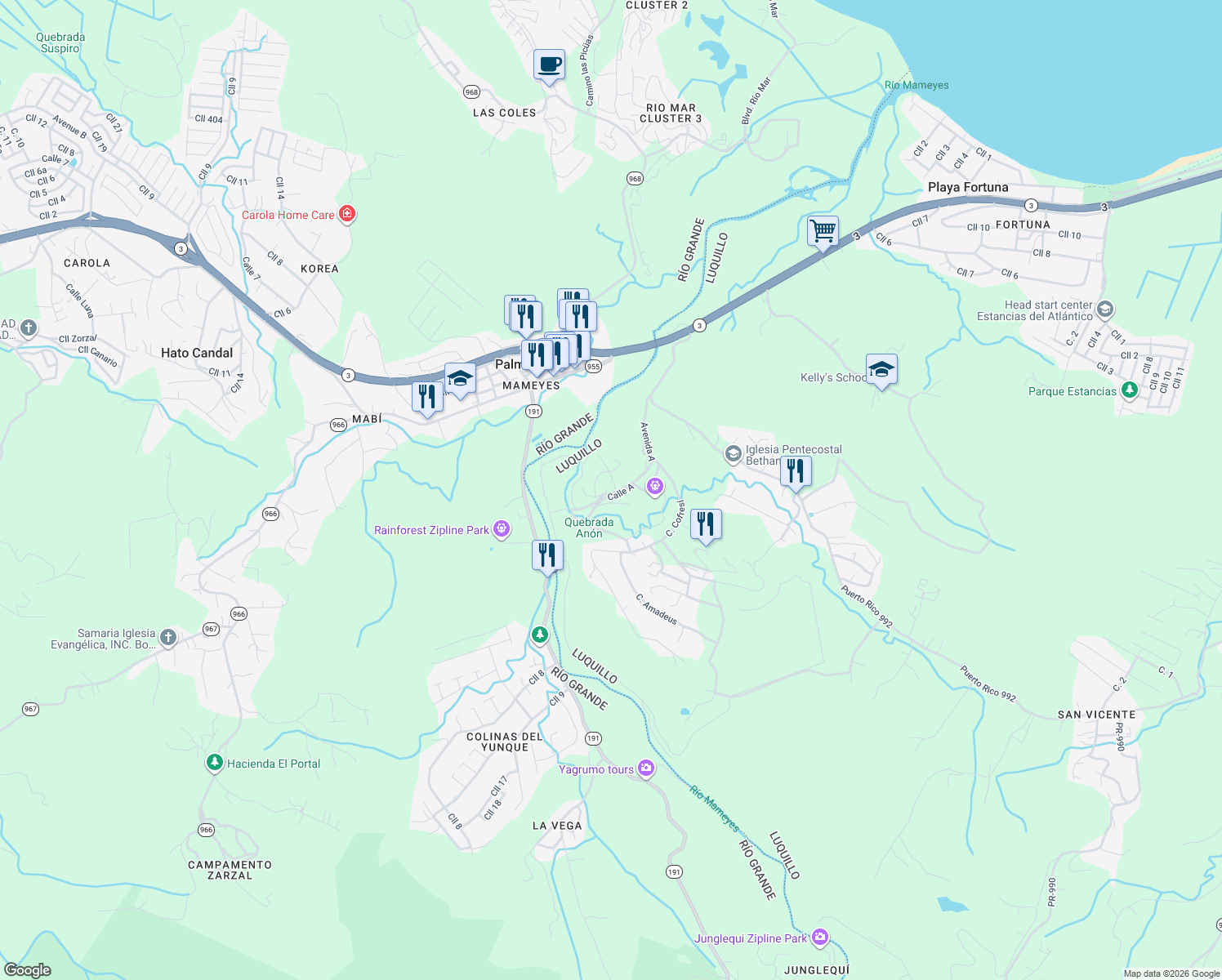 map of restaurants, bars, coffee shops, grocery stores, and more near in Playa Fortuna
