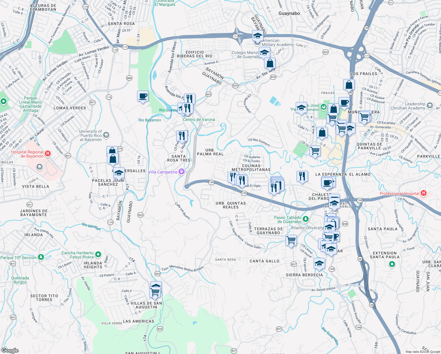map of restaurants, bars, coffee shops, grocery stores, and more near in Guaynabo