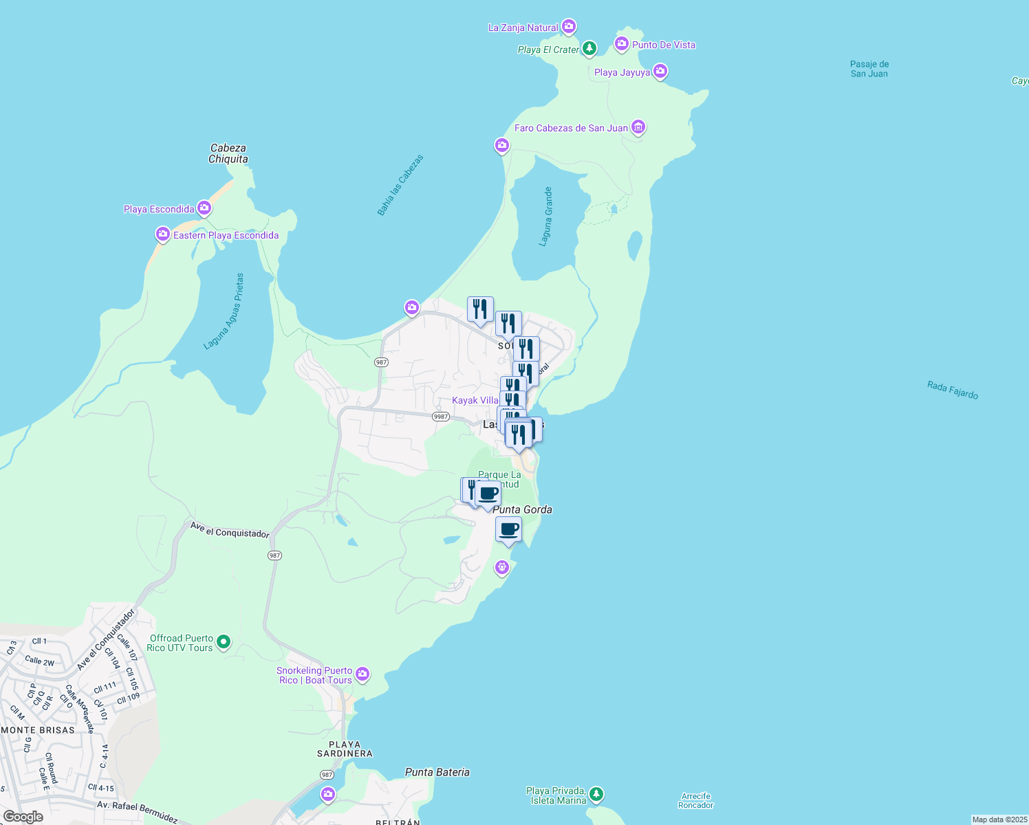 map of restaurants, bars, coffee shops, grocery stores, and more near Carretera Cabezas de San Juan in Fajardo