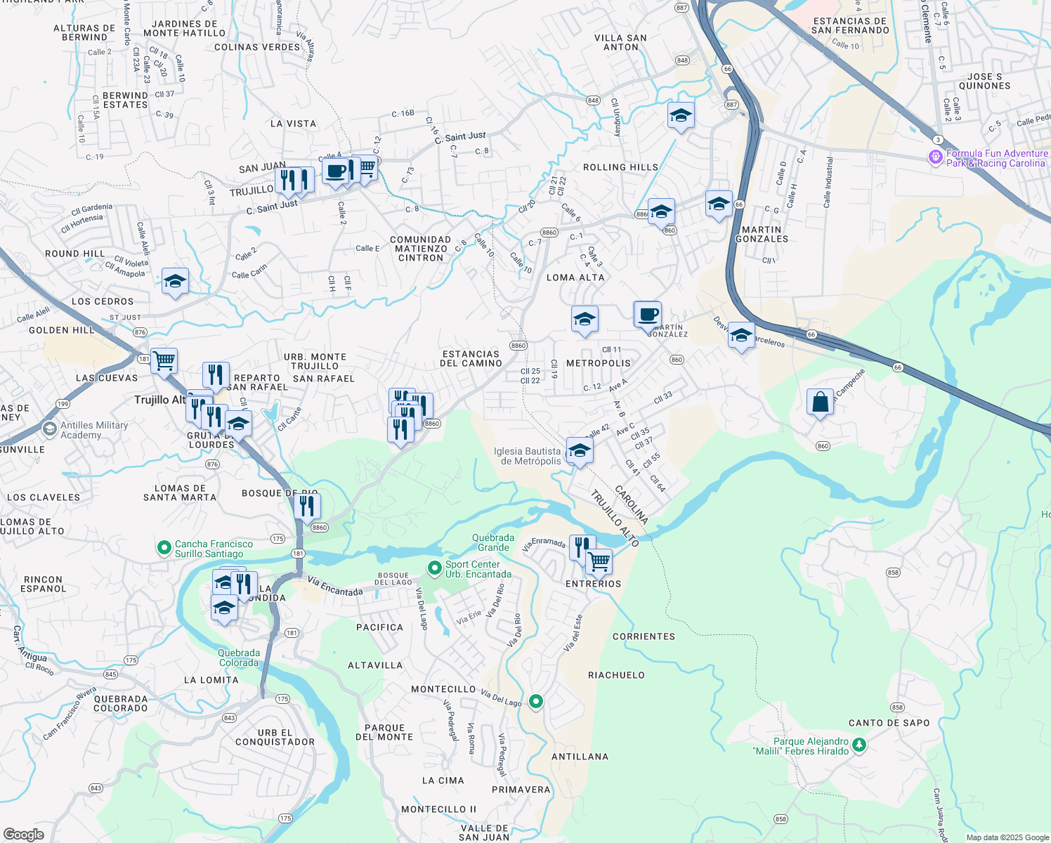 map of restaurants, bars, coffee shops, grocery stores, and more near in Trujillo Alto