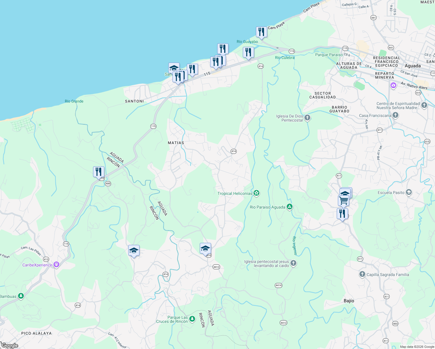 map of restaurants, bars, coffee shops, grocery stores, and more near PR-414 in Aguada