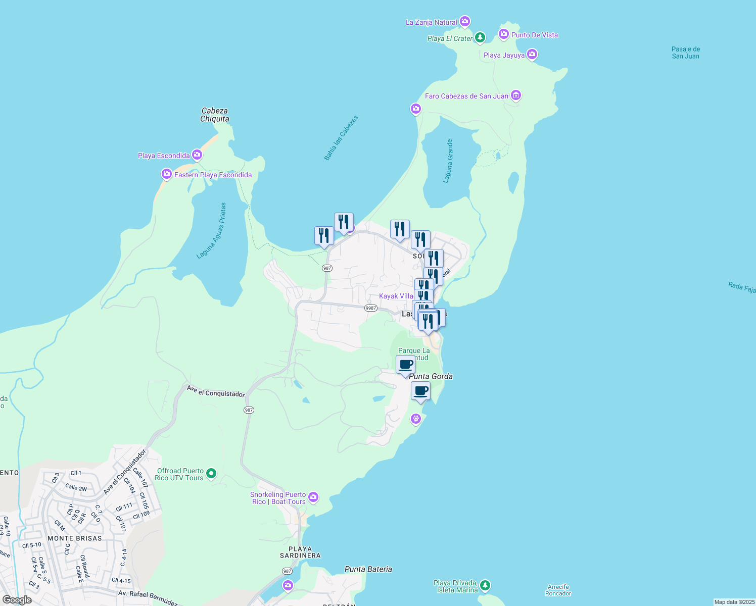 map of restaurants, bars, coffee shops, grocery stores, and more near PR-9987 in Fajardo
