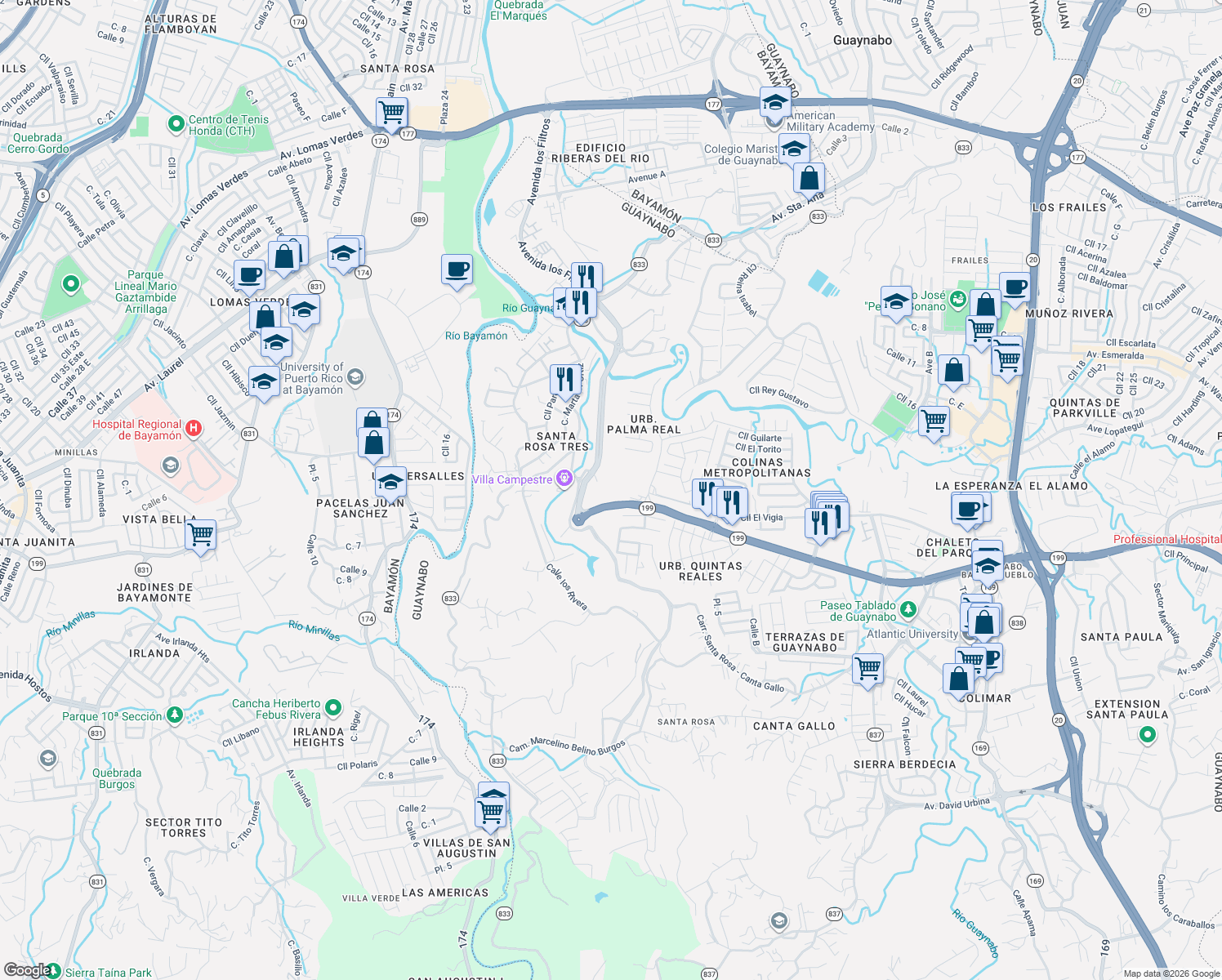 map of restaurants, bars, coffee shops, grocery stores, and more near in Guaynabo