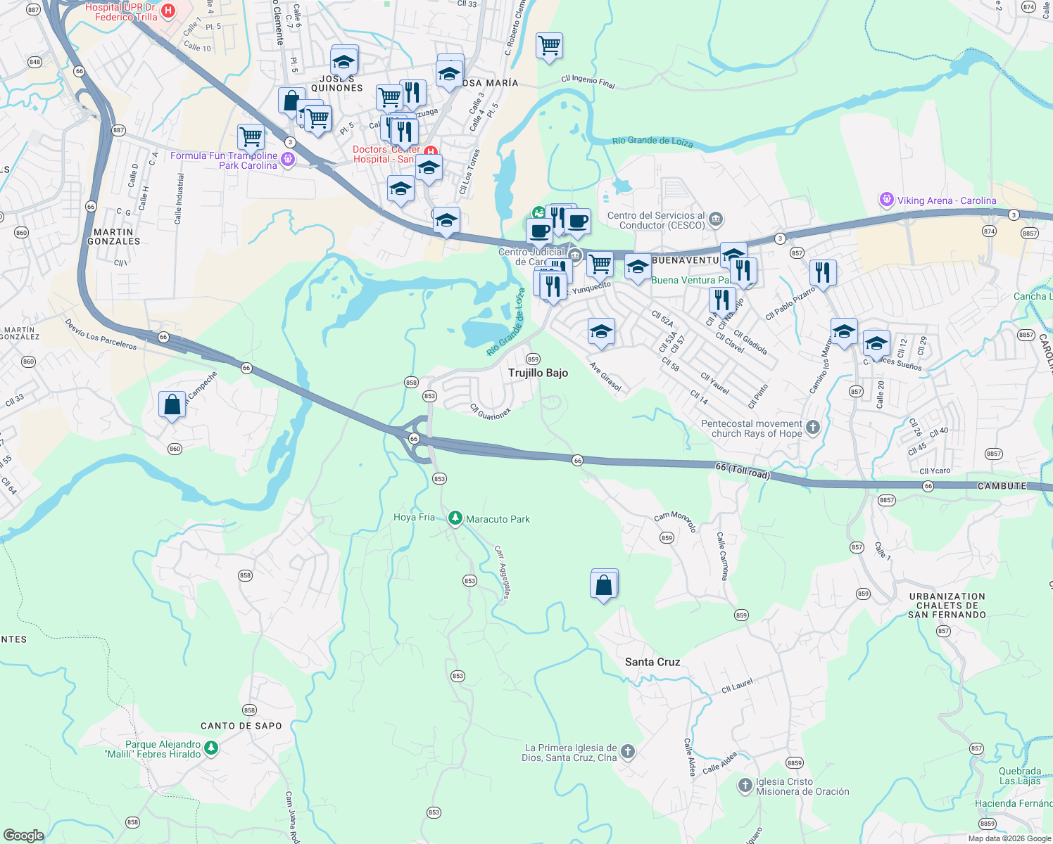 map of restaurants, bars, coffee shops, grocery stores, and more near Calle Guarionex in Carolina