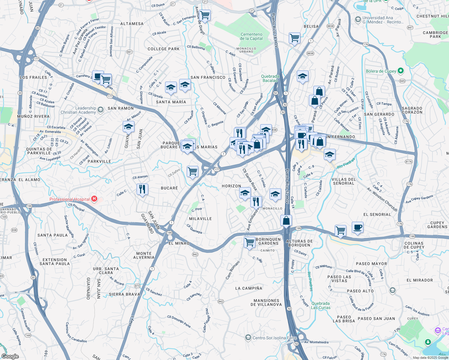 map of restaurants, bars, coffee shops, grocery stores, and more near 118 Calle San Pablo in San Juan