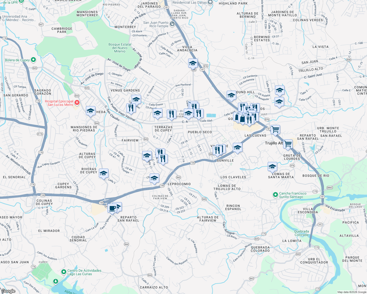 map of restaurants, bars, coffee shops, grocery stores, and more near in Trujillo Alto