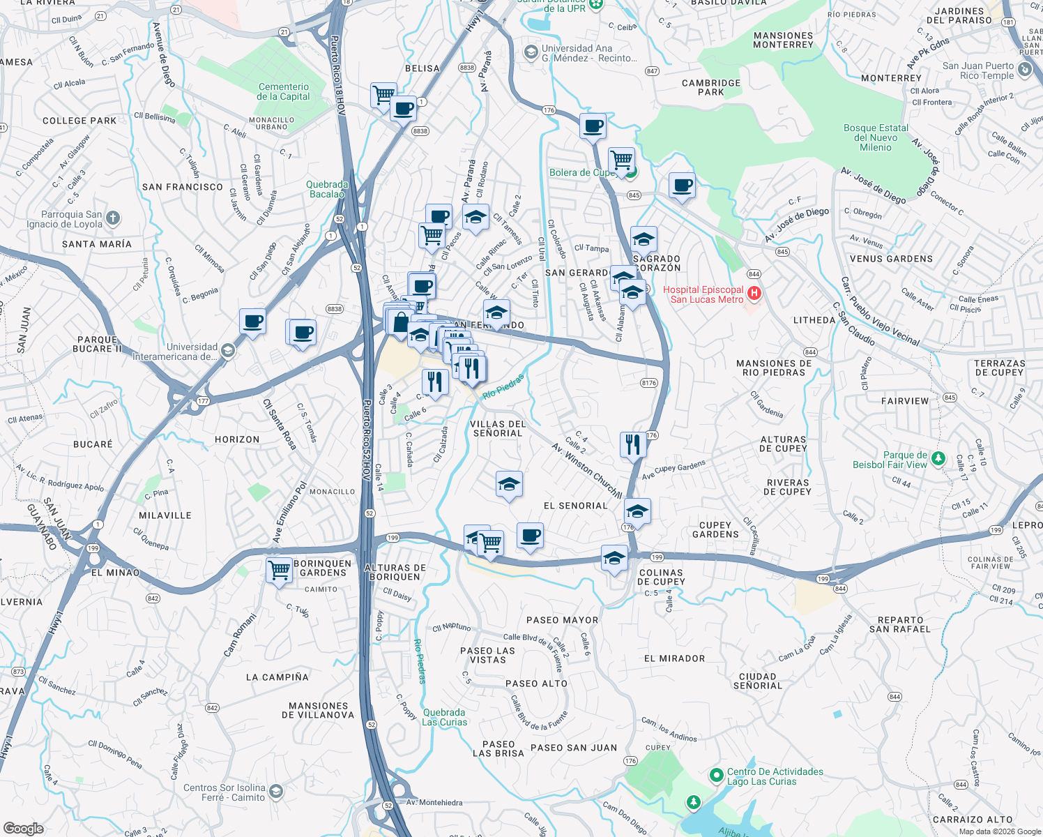 map of restaurants, bars, coffee shops, grocery stores, and more near 287-293 Ave Winston Churchill in San Juan