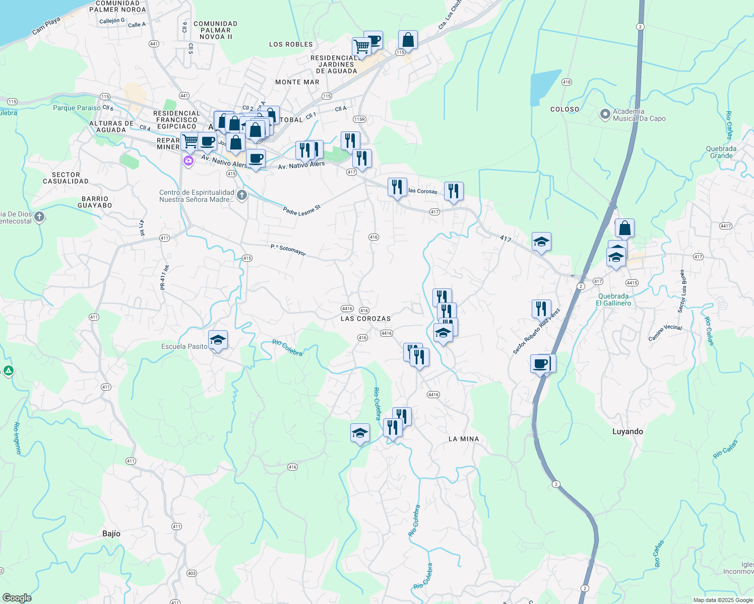map of restaurants, bars, coffee shops, grocery stores, and more near Calle La Puntilla in Mal Paso
