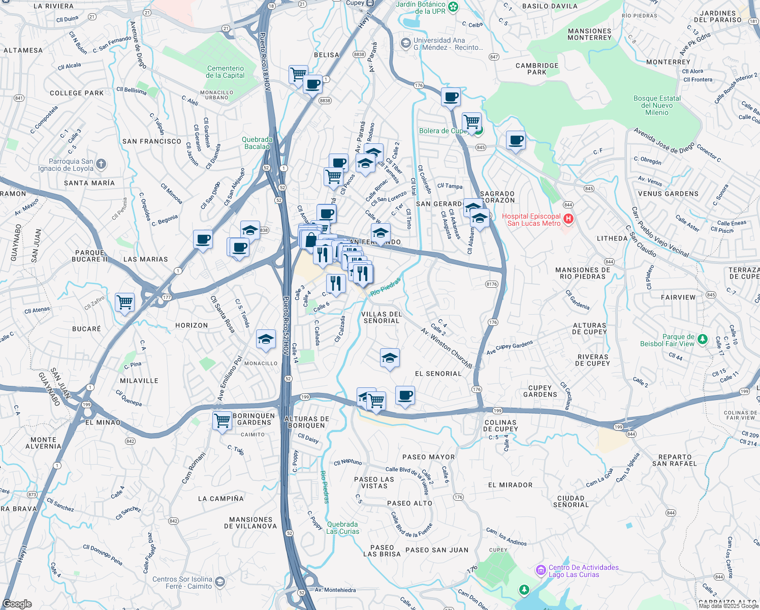 map of restaurants, bars, coffee shops, grocery stores, and more near Calle José Zorrilla in San Juan
