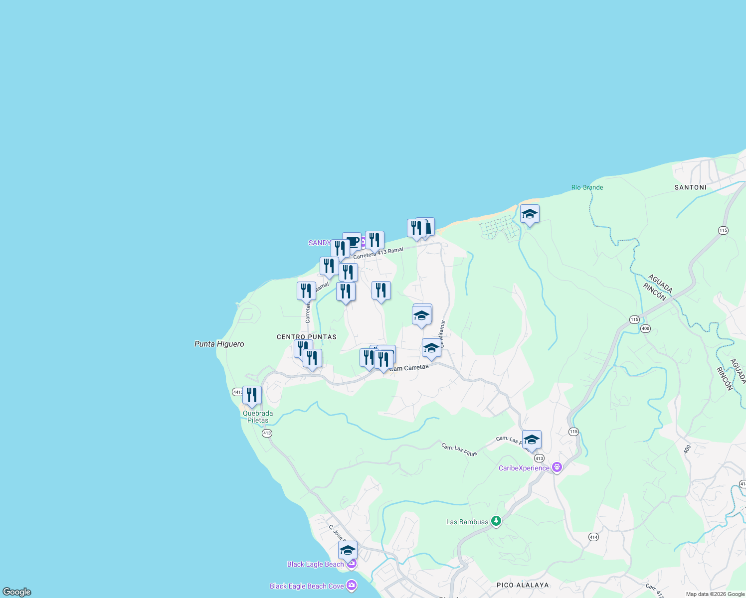 map of restaurants, bars, coffee shops, grocery stores, and more near Calle Vista del Mar in Puntas