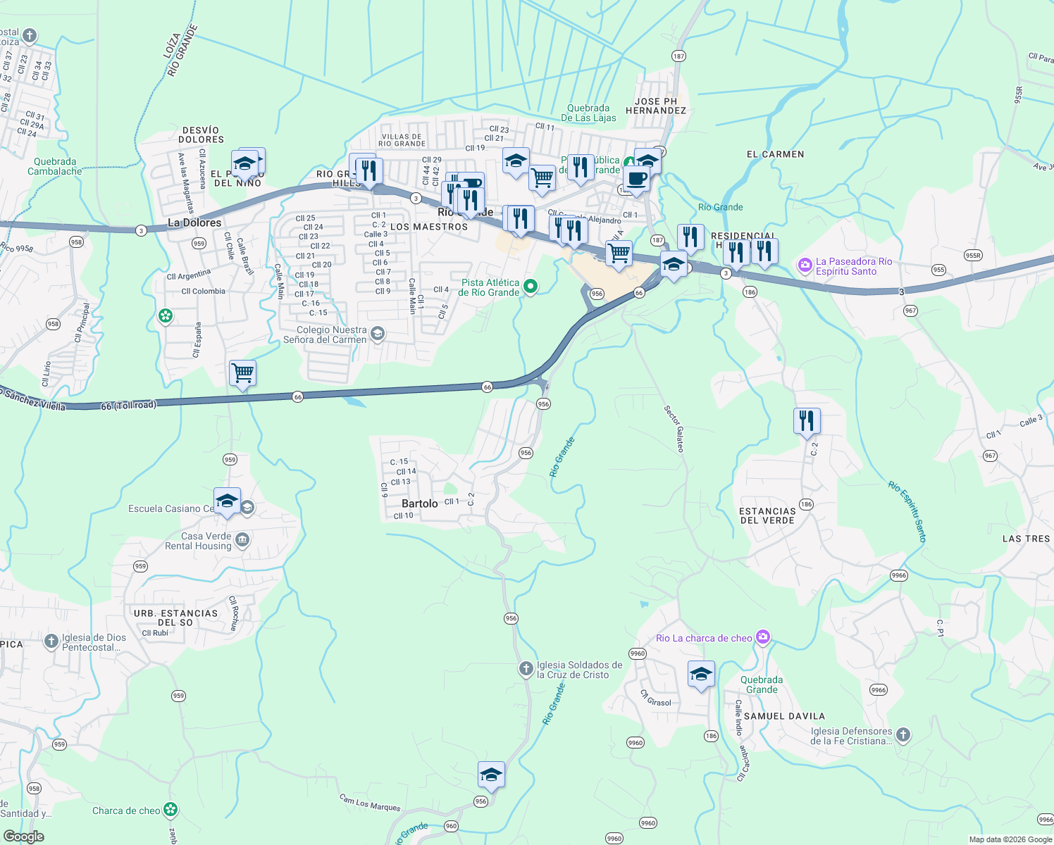 map of restaurants, bars, coffee shops, grocery stores, and more near 259 Calle Mucaro in Río Grande