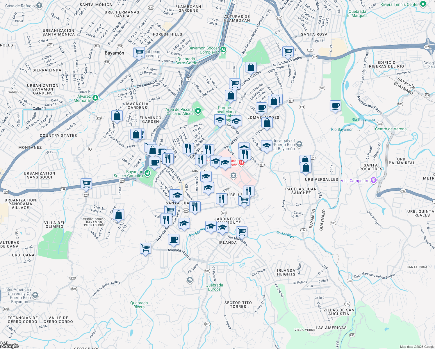 map of restaurants, bars, coffee shops, grocery stores, and more near Calle España in Bayamón