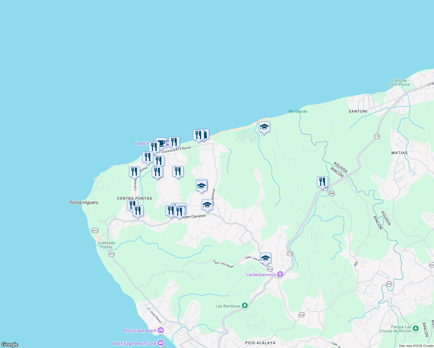 map of restaurants, bars, coffee shops, grocery stores, and more near Calle Miramar in Aguada