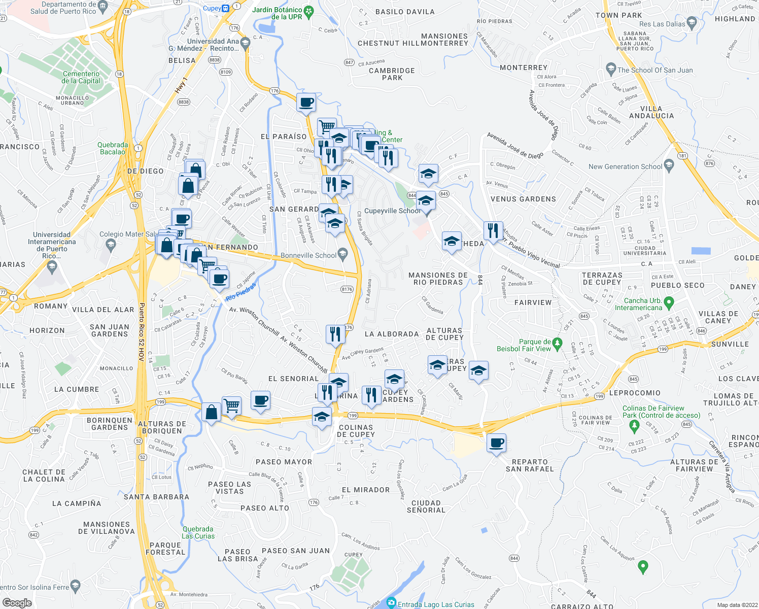 map of restaurants, bars, coffee shops, grocery stores, and more near 2-12 Calle San Vidal in San Juan