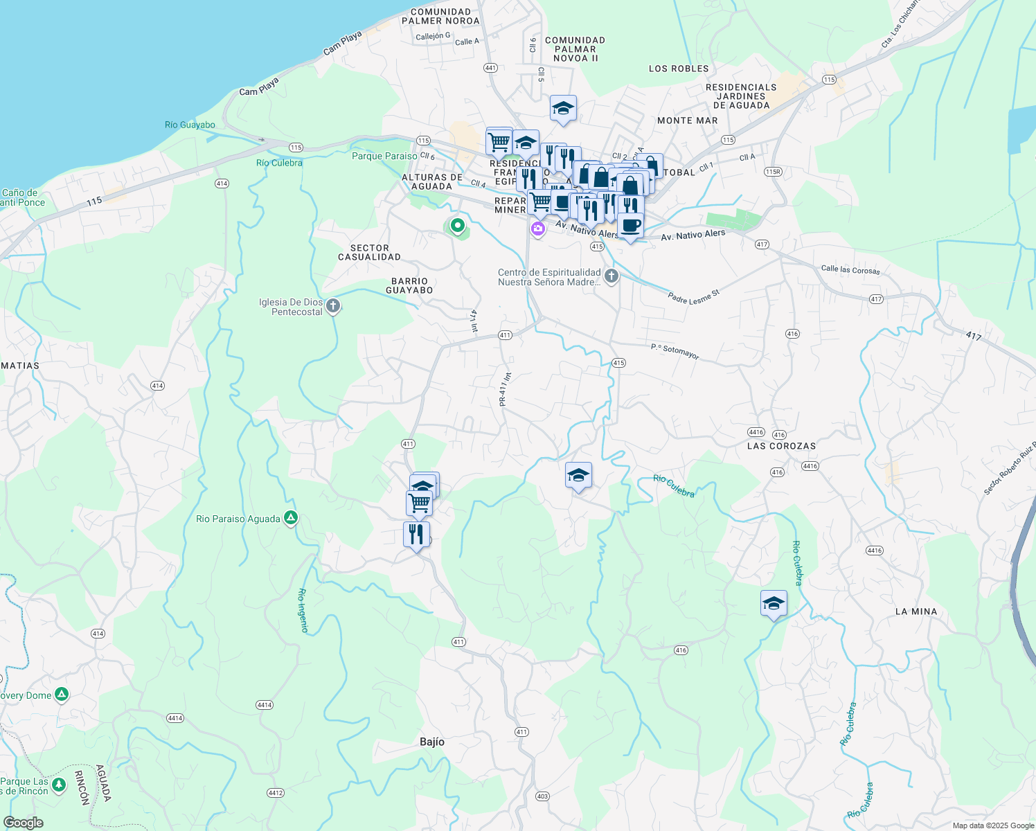 map of restaurants, bars, coffee shops, grocery stores, and more near PR-411 Int in Aguada