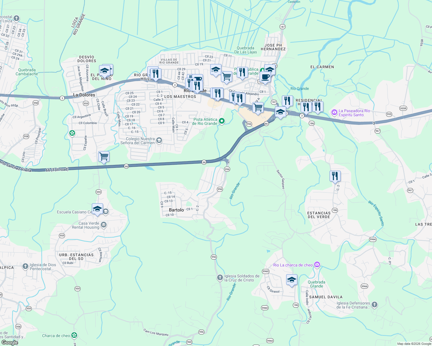 map of restaurants, bars, coffee shops, grocery stores, and more near 259 Calle Mucaro in Río Grande