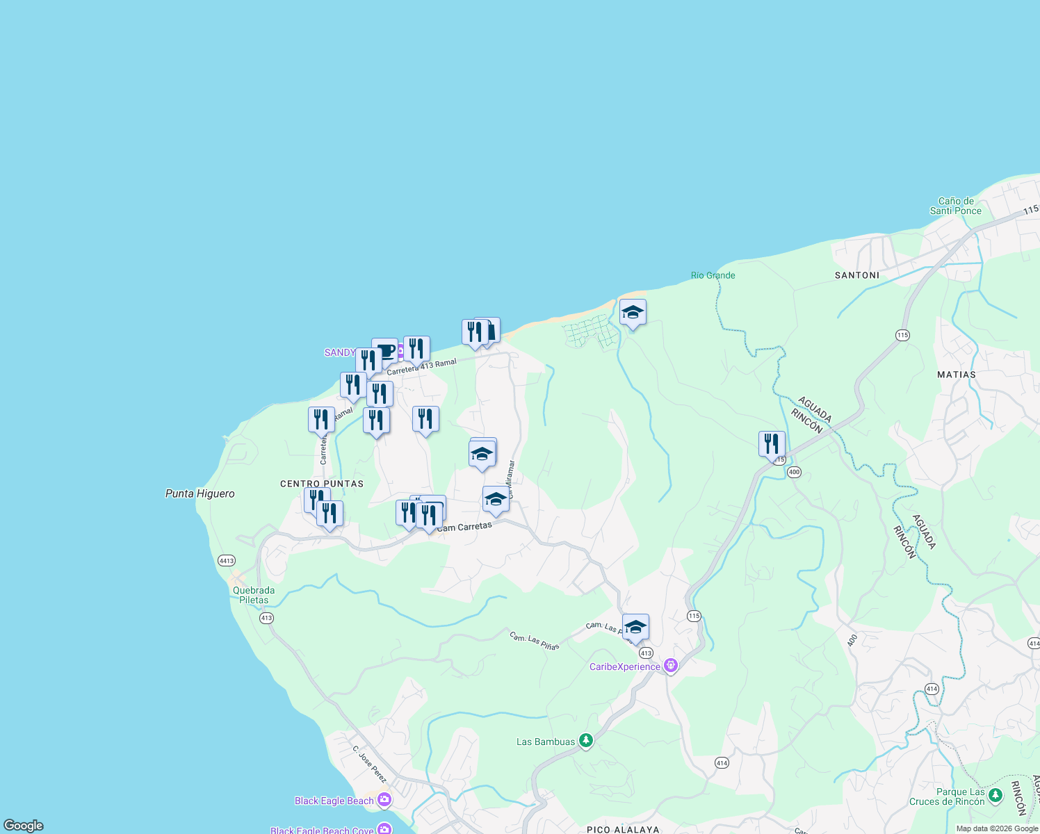 map of restaurants, bars, coffee shops, grocery stores, and more near Calle Miramar in Aguada