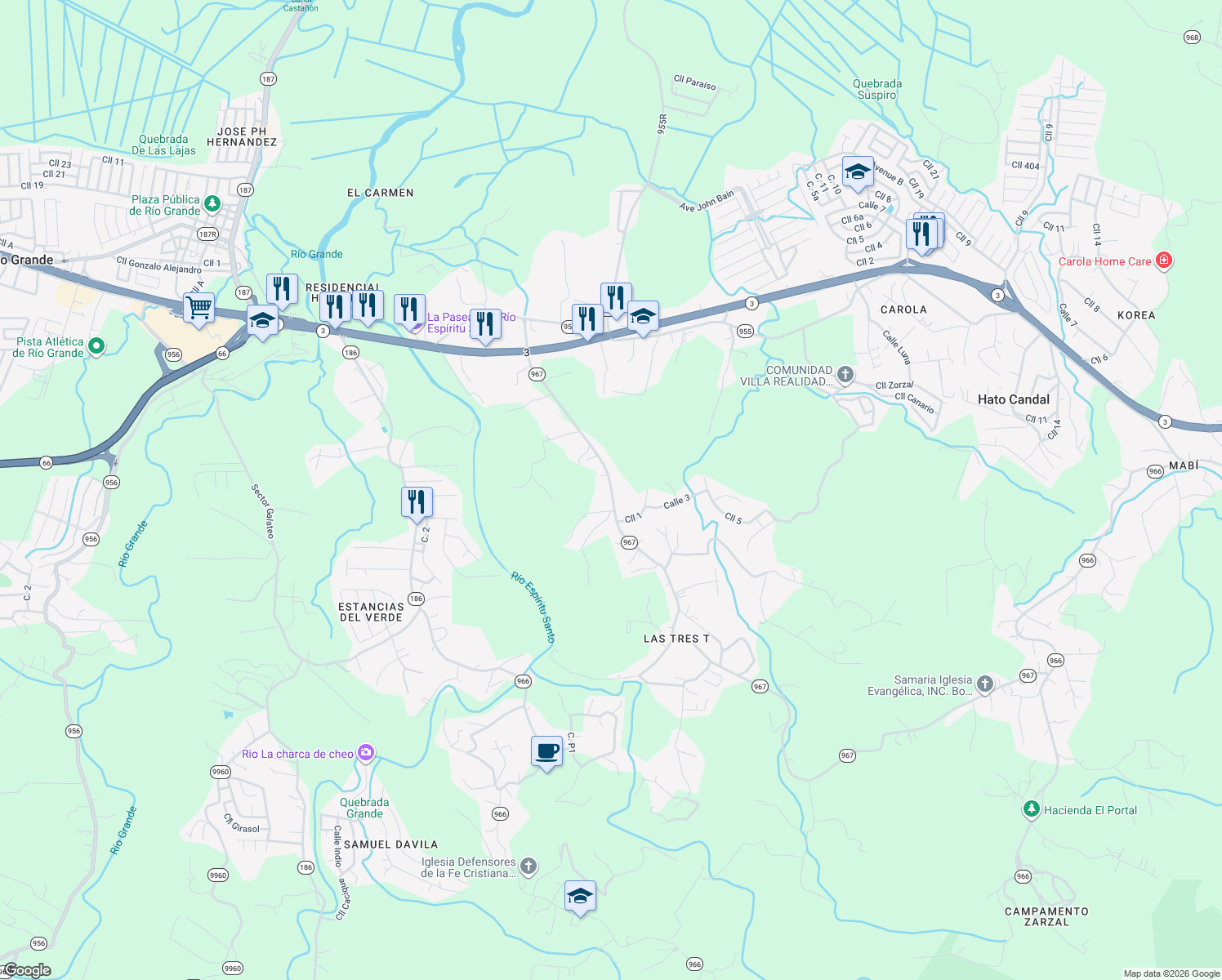 map of restaurants, bars, coffee shops, grocery stores, and more near Puerto Rico 967 in Rio Grande