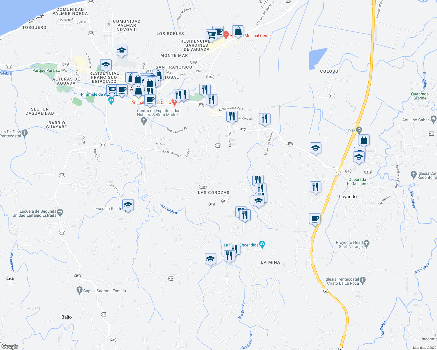 map of restaurants, bars, coffee shops, grocery stores, and more near Calle La Puntilla in Aguada