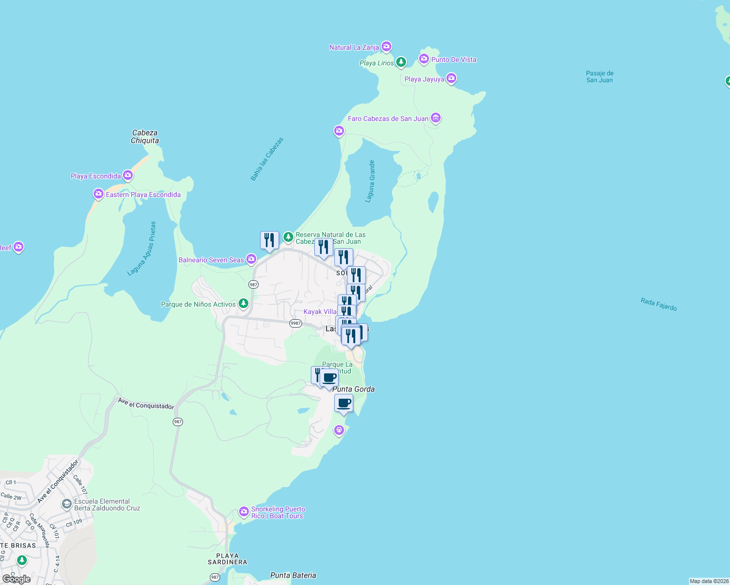 map of restaurants, bars, coffee shops, grocery stores, and more near PR-9987 in Fajardo