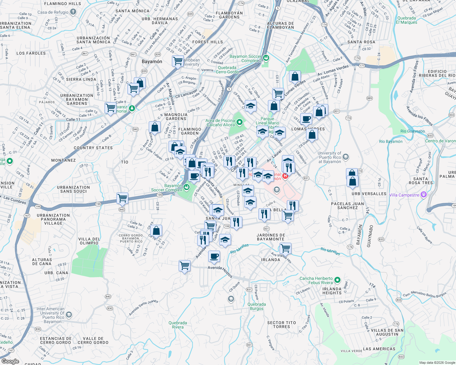 map of restaurants, bars, coffee shops, grocery stores, and more near Calle España in Bayamón