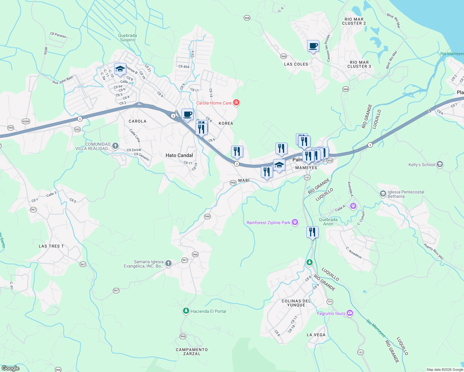 map of restaurants, bars, coffee shops, grocery stores, and more near in Hato Candal