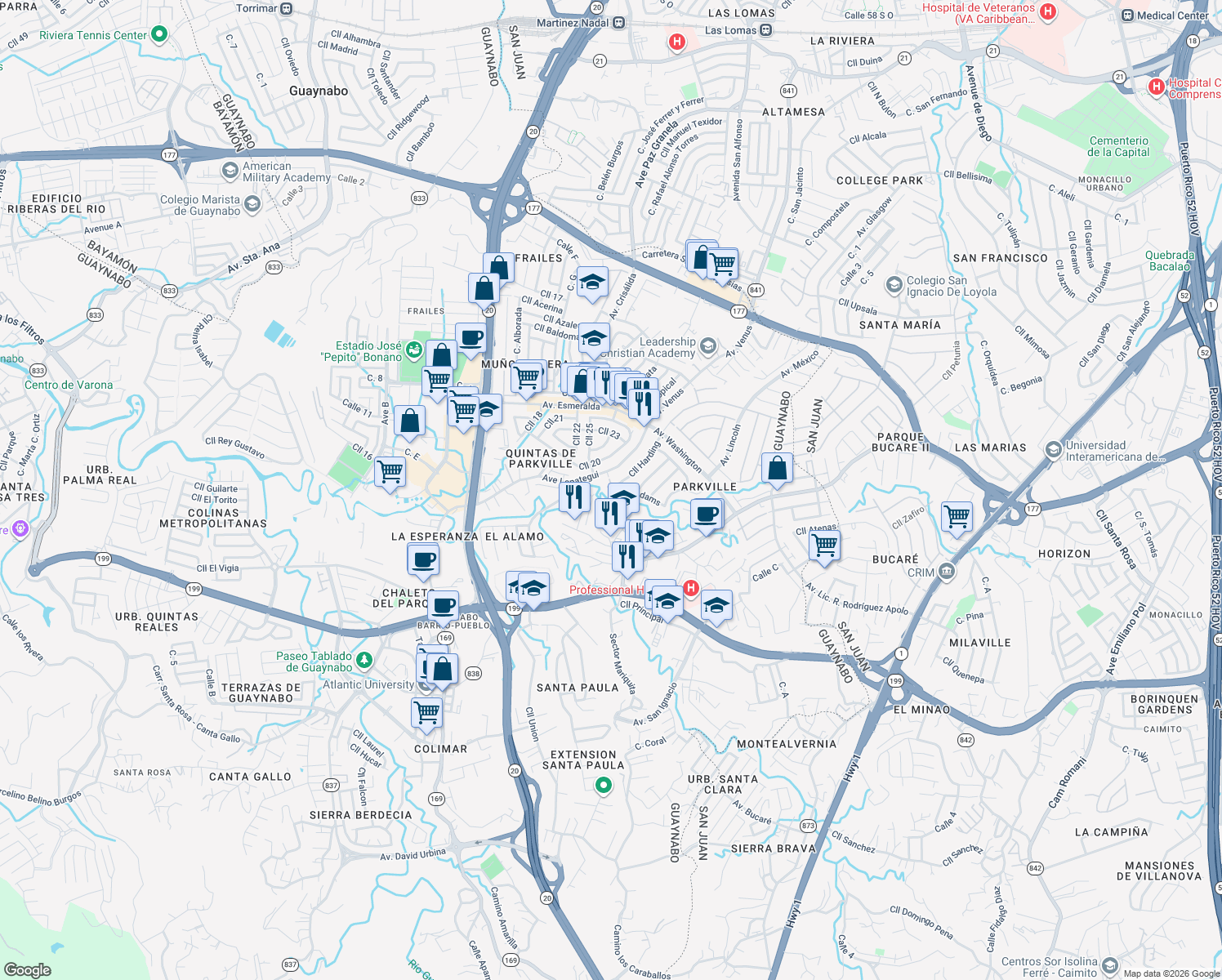 map of restaurants, bars, coffee shops, grocery stores, and more near Calle Harding in Guaynabo