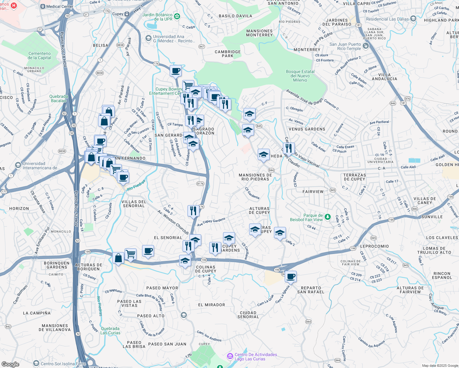 map of restaurants, bars, coffee shops, grocery stores, and more near 2 Calle San Vidal in San Juan