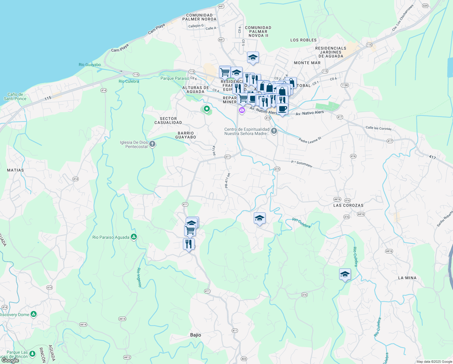 map of restaurants, bars, coffee shops, grocery stores, and more near PR-411 Int in Aguada