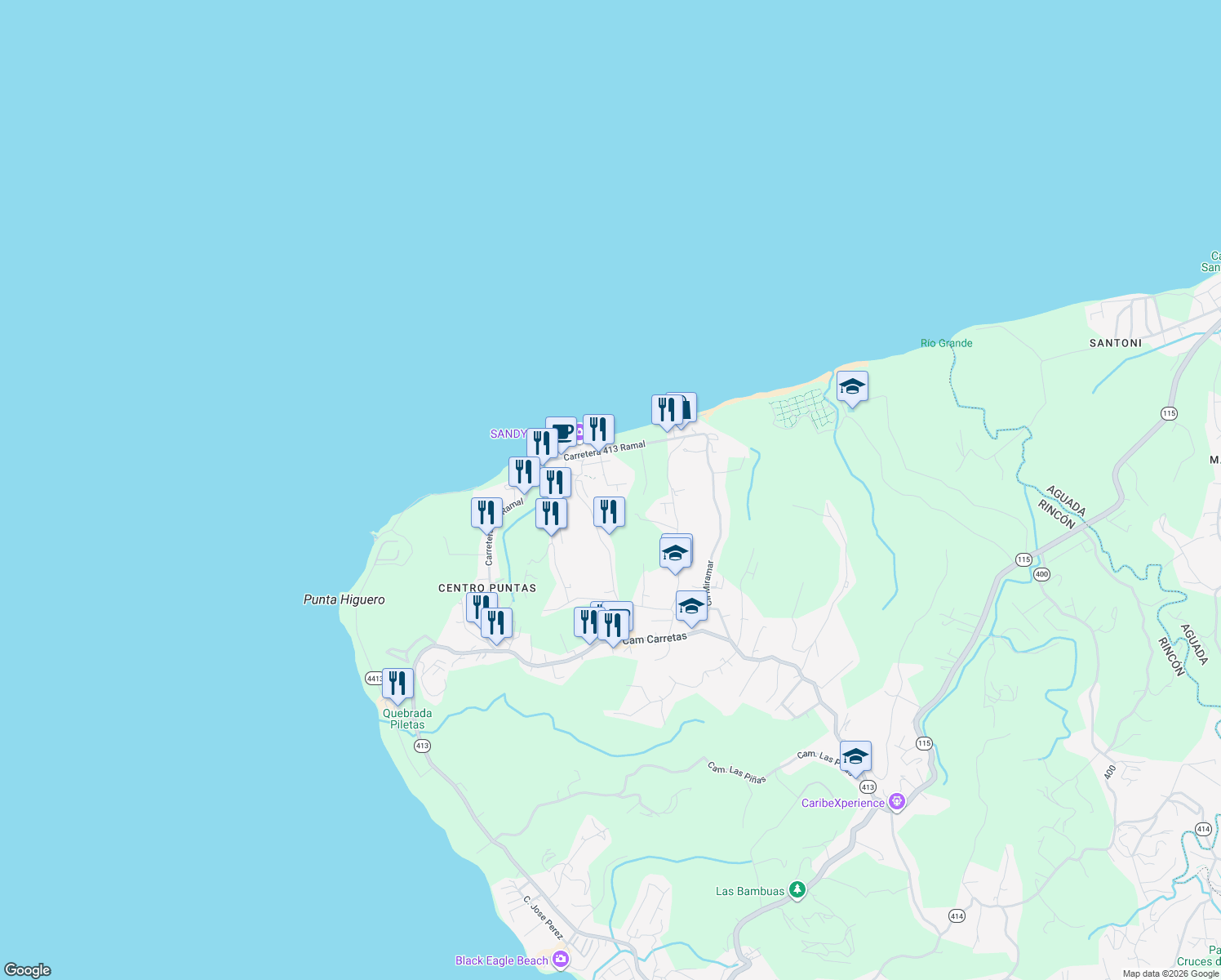 map of restaurants, bars, coffee shops, grocery stores, and more near Calle Colina Linda in Aguada