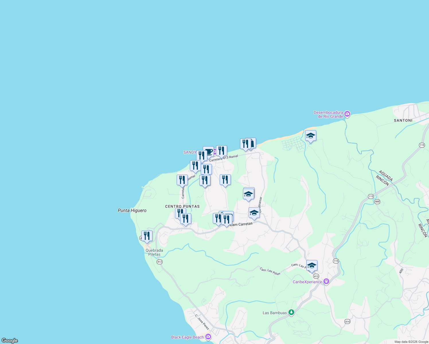 map of restaurants, bars, coffee shops, grocery stores, and more near Csn A in Aguada