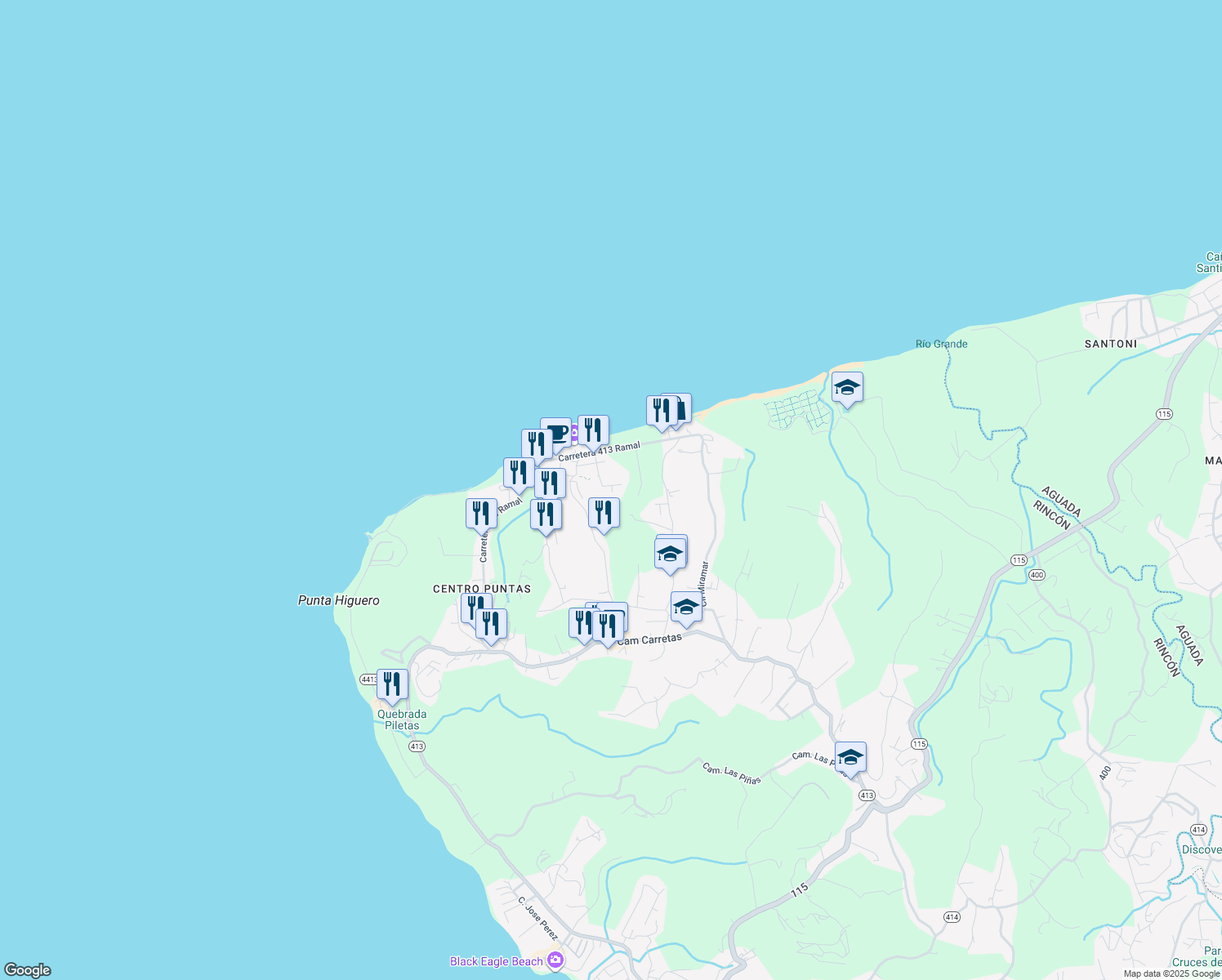 map of restaurants, bars, coffee shops, grocery stores, and more near Calle Colina Linda in Aguada