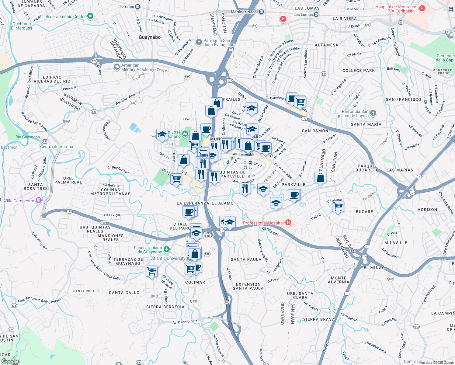 map of restaurants, bars, coffee shops, grocery stores, and more near 277 Avenue Lopategui in Guaynabo